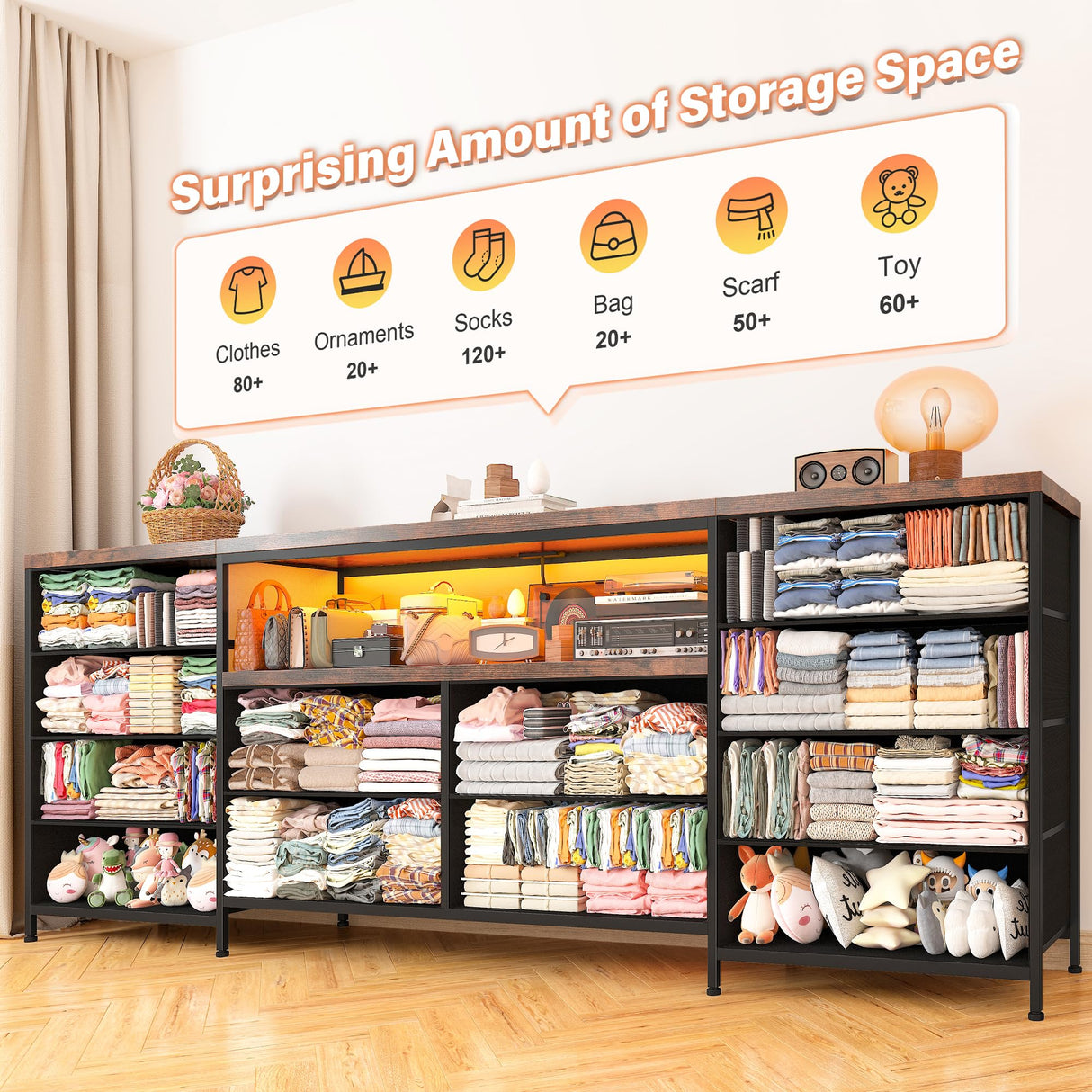 EnHomee Fits 75" TV Stand Dresser for 65 70 75 Inch TV 63" W Dresser TV Stand for Bedroom with LED Lights & Power Outlets & 12 Drawers Dresser for Bedroom Long Fabric Dresser Entertainment Center EnHomee