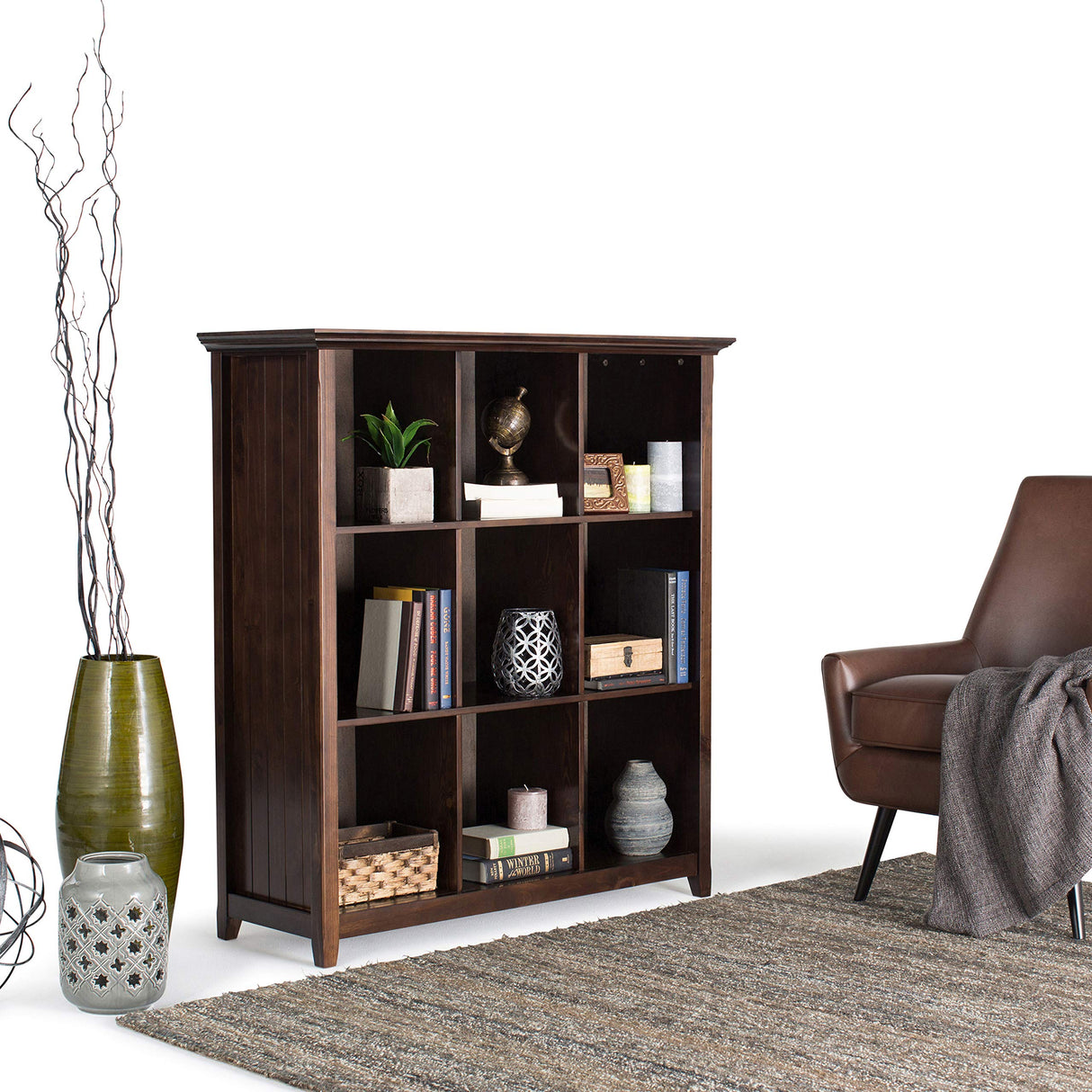 SIMPLIHOME Acadian SOLID WOOD 44 Inch Transitional 9 Cube Bookcase and Storage Unit in Brunette Brown, For the Living Room, Study Room and Office SIMPLIHOME