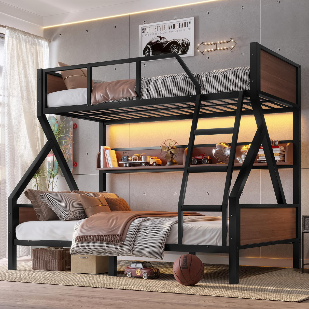 Bellemave Bunk Beds Twin Over Full Size with Storage Shelves & LED Light, Metal Twin Over Full Bunk Bed Frame with Wood Board & Sturdy Slats, Heavy Duty Bed Frame, Noise Free, Black Bellemave