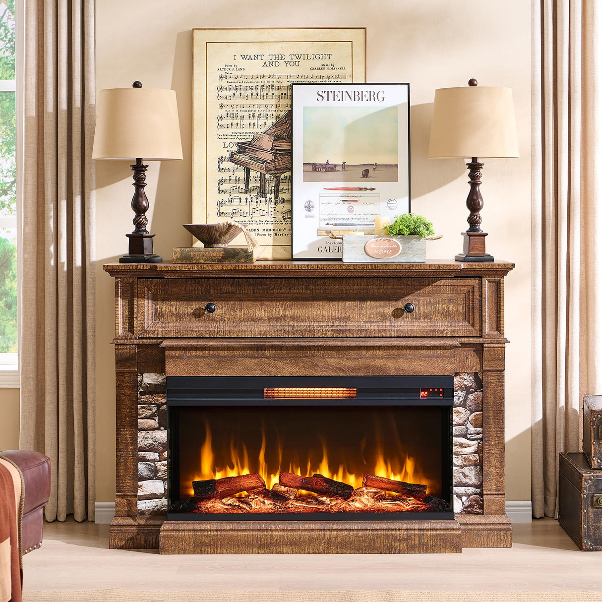 OKD 52" Electric Fireplace with Mantel, Freestanding Fireplace Heater TV Stand with 36" 3-Side Glass Insert for TVs Up to 65" with Storage Cabinet for Living Room, Reclaimed Barnwood OKD