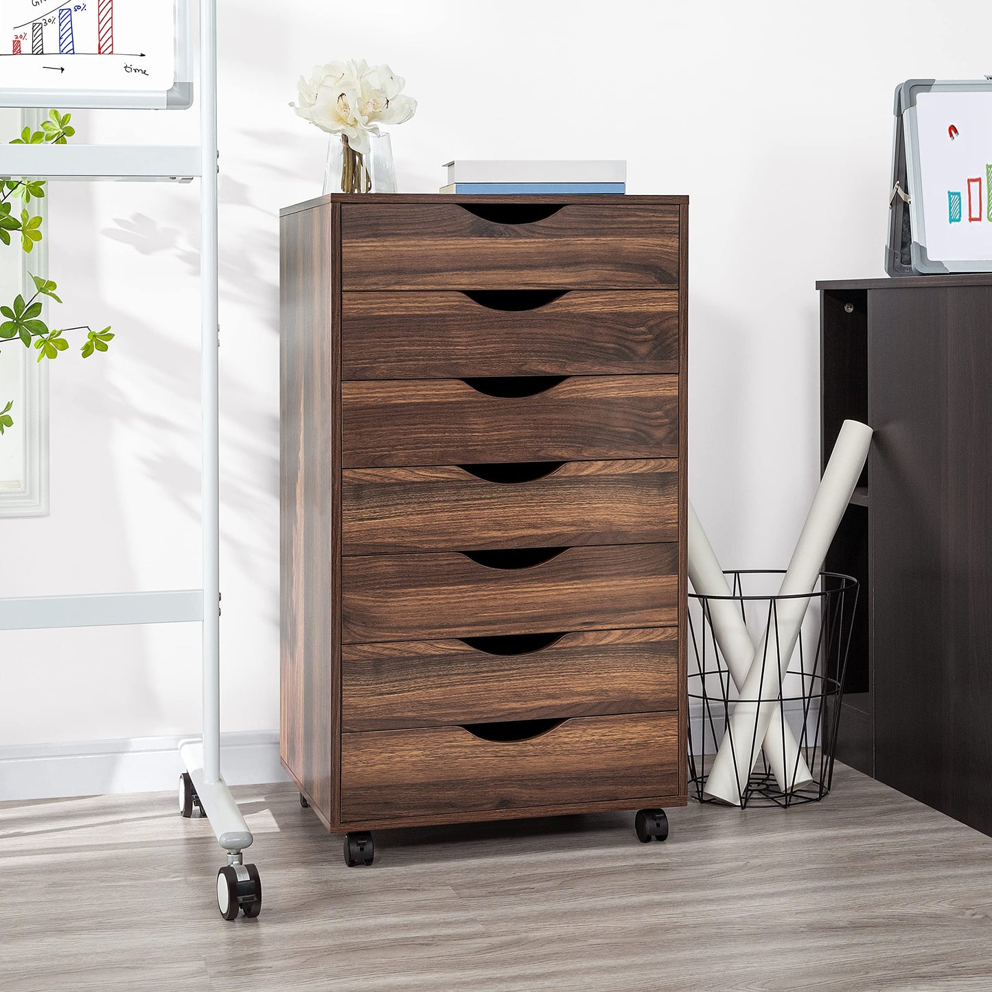 Naomi Home 7 Drawer Dresser for Bedroom, Stylish Tall Dressers with Wheels, Storage Shelves, Small Dresser for Closet, Makeup Dresser with 180 lbs Capacity - Brown Oak - WoodArtSupply