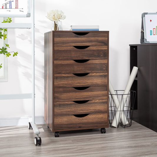 Naomi Home 7 Drawer Dresser for Bedroom, Stylish Tall Dressers with Wheels, Storage Shelves, Small Dresser for Closet, Makeup Dresser with 180 lbs Capacity - Brown Oak