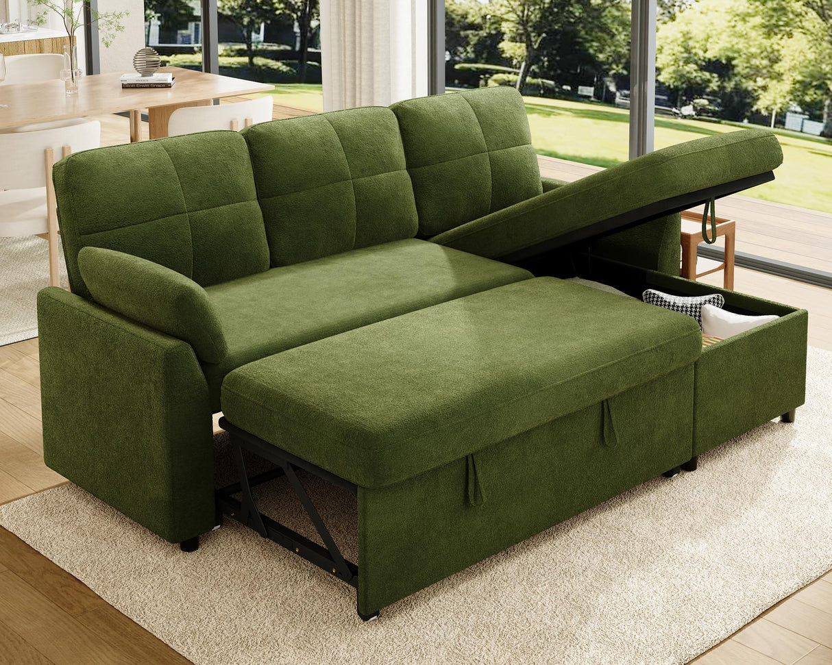 AMEILIFE Sleeper Sofa, Sofa Bed with Storage Chaise, Convertible Sofa Bed with Pull Out Couch, l Shaped Couch for Living Room, Linen Green AMERLIFE
