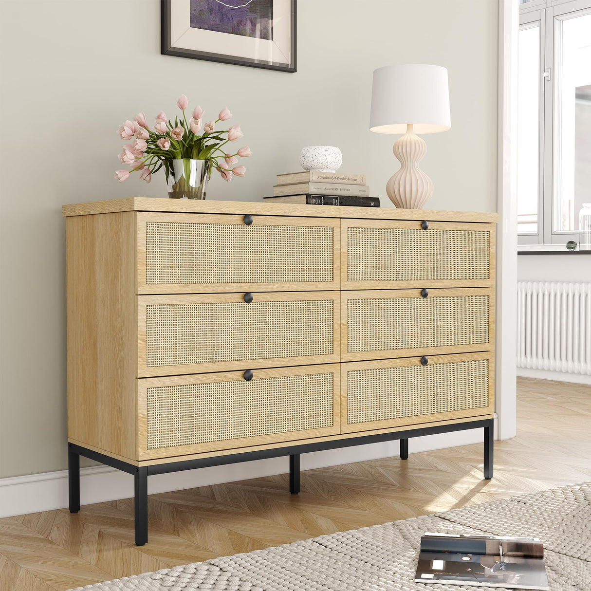 Modern 6 Drawer Dresser with Natural Rattan Drawers, Industrial Wood Double Dresser for Bedroom with Sturdy Steel Legs, Closet Storage Dressers Organizer TV Stand Dresser for Living Room Hallway Yechen
