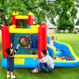 WELLFUNTIME Inflatable Bounce House with Slide, Jumping Castle with Blower, Climbing Wall, Dartboard, Basketball Hoop and 50 Ball Pit Balls, 108x122x86 Inch WELLFUNTIME