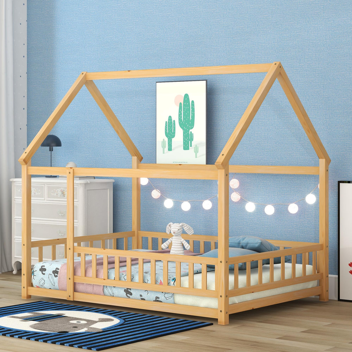 Bellemave Full Size Kids House Bed with Roof and Fence - Solid Wood Montessori Floor Bed in Natural Finish Bellemave