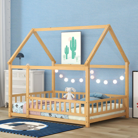 Bellemave Full Size Kids House Bed with Roof and Fence - Solid Wood Montessori Floor Bed in Natural Finish Bellemave
