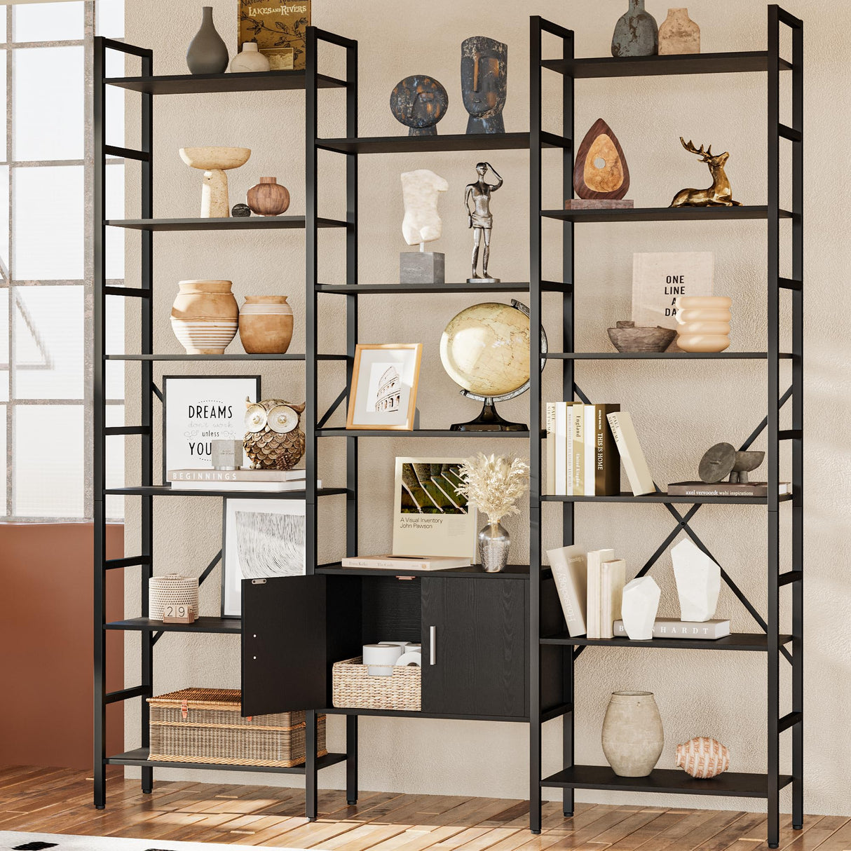 astimey 70x78 “ Triple 6 Tier Book Shelf, Industrial Large Bookcase with Storage Cabinet, Tall Bookshelf with 16 Open Display Shelves Metal Frame Furniture for Living Room Bedroom Home Office Black astimey