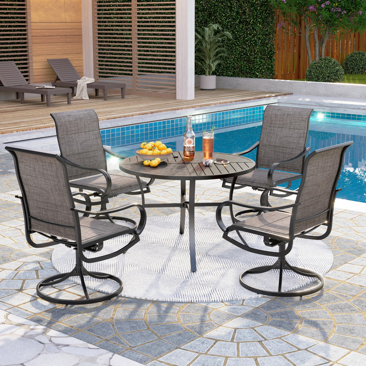 PHI VILLA Outdoor Patio Dining Set 5 Piece with 4 Padded Swivel Dining Chairs & 1 Large Round Dining Table, Textilene Mesh Fabric Chair and 42" Metal Table for All Weather PHI VILLA