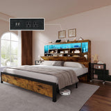 YITAHOME King Size Bed Frame with Storage Bookcase Headboard & RGB LED Lights, Slide Out Bedside Storage, Charging Station & USB, Heavy Duty Metal Slats, No Box Spring Needed, Noise-Free, Rustic Brown YITAHOME
