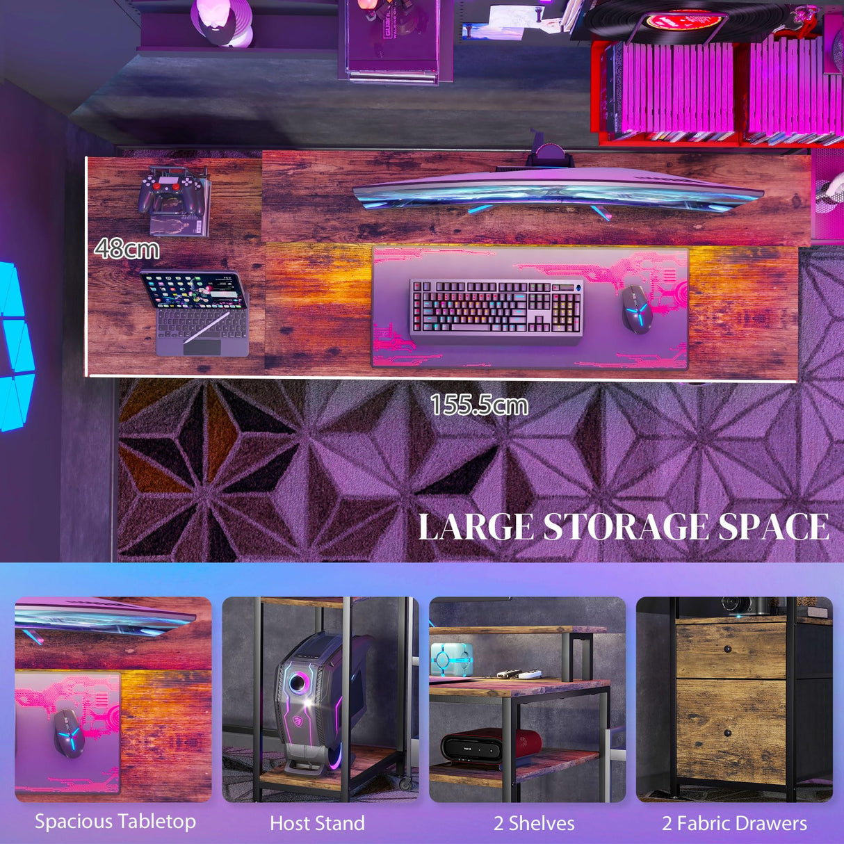 HOMCOM 61" Computer Desk with LED Lights, Power Outlets, and USB Ports, Gaming Desk with Storage Shelves, Monitor Stand, Fabric Drawers & Remote for Home Office Study, Rustic Brown HOMCOM