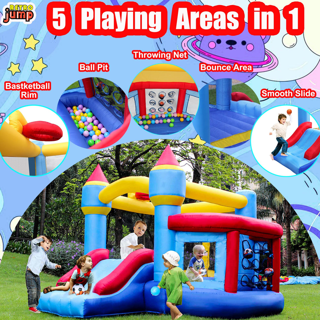 RETRO JUMP Inflatable Bounce House, Bouncy House for Kids Outdoor, Inflatable Kids Bounce House with Jumping Ball Pit & Basketball Hoop, Ocean Balls, Blower, Patch Kits, Stakes, Carrying Bag RETRO JUMP