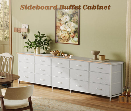 Huuger 78.7 inch Long Dresser for Bedroom, 15 Drawer Fabric Dresser for Closet, Large TV Stand for 65, 75, 85 inch TV, Wide Chest of Drawer with Storage, 78.7" W x 12.9" D x 26.7" H, White Huuger