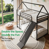 Lodoba Twin Over Twin Low Bunk Bed with Convertible Slide, Bunk Bed for Kids,Montessori Floor Bunk Bed Frame with Full-Length Guardrail,Floor bunk Bed for Boys Girls Teens,Light Black Lodoba