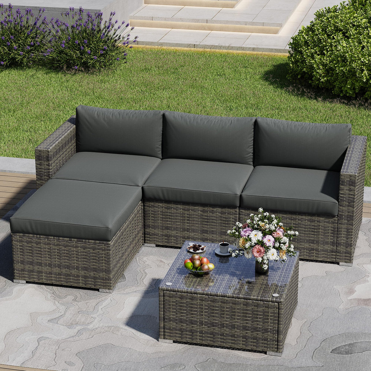 May in Color 5 Piece Outdoor Patio Sectional Furniture Set, Weather Resistant Rattan Outside Couch, Waterproof Conversation Sofa for Balcony, Porch, Backyard, Deck, Garden, Grey May in Color