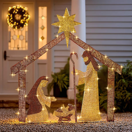 Hourleey Christmas Nativity Scene Decorations Outdoor, 6 FT Lighted Nativity Set with 250 Lights, Christmas Holy Family Yard Decoration for Indoor Holiday Party Garden Lawn Decor Hourleey