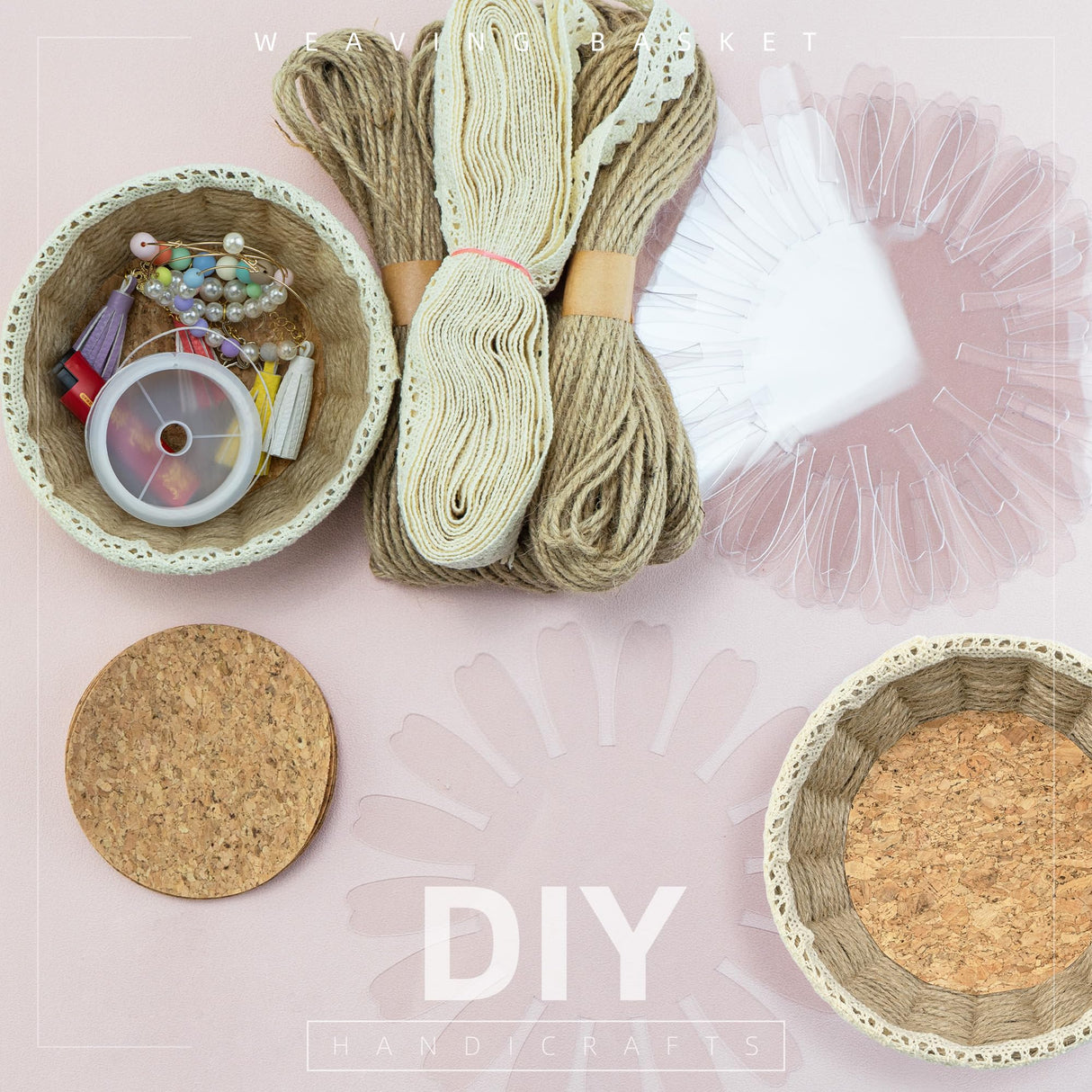 8 Sets Basket Weaving Craft Kit for Beginners,DIY Burlap Style Desk Storage Small Parts Candy Cookies Bowls,8 inches Plastic Base and 109yd Jute Twine and Cork Linings & Lace & Hot Glue Sticks AOUXSEEM