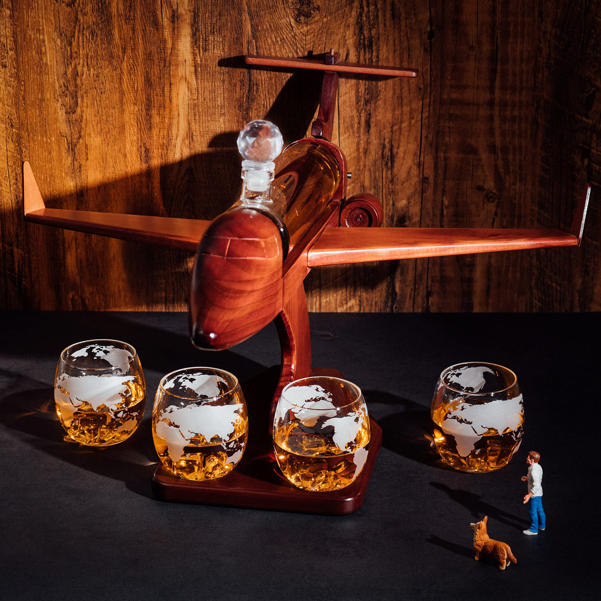 Whiskey & Wine Decanter Jet Airplane Set and Glasses Antique Wood Airplanes - The Wine Savant Whiskey Gift Set & 2 Airplane Glasses, Pilot Gift Moving Parts- Alcohol Related Gift, BAR DECOR Large 21" The Wine Savant