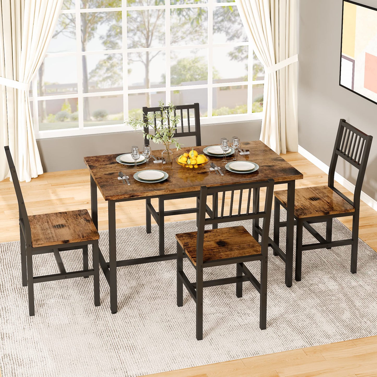 AWQM 5 Pieces Dining Table Set, Industrial Dining Table and Chairs for 4, Metal Frame with Wood Top, Kitchen Table Set for Dining Room, Breakfast Nook, Small Space, Rustic Brown