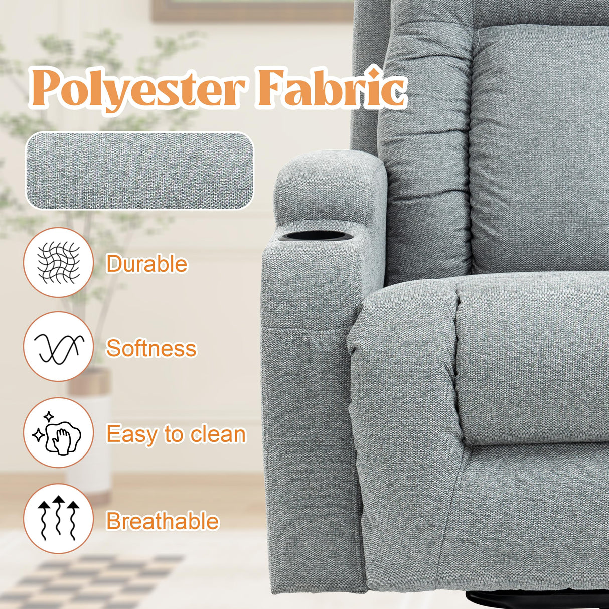 EZZUP Power Lift Recliner Chair for Elderly, Massage Recliner Chair with Heavy Duty Motion Mechanism, Single Motor Lift Chair with Lumbar Heating, Charging Port, Cup Holders - Fabric, Grey EZZUP