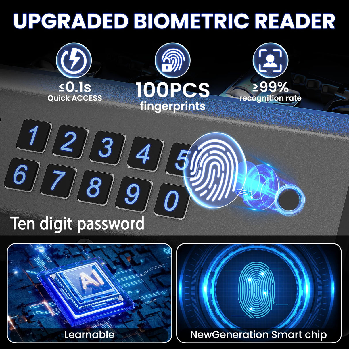 Smart Gun Safe, 4 Ways Biometric PistolRechargeable Safe withFingerprint/Keypad/Key/APP Lock, APPControl, LCD Display, Emergency PowerSupply Handgun Lock Box for HomeBedroom, Car soliles