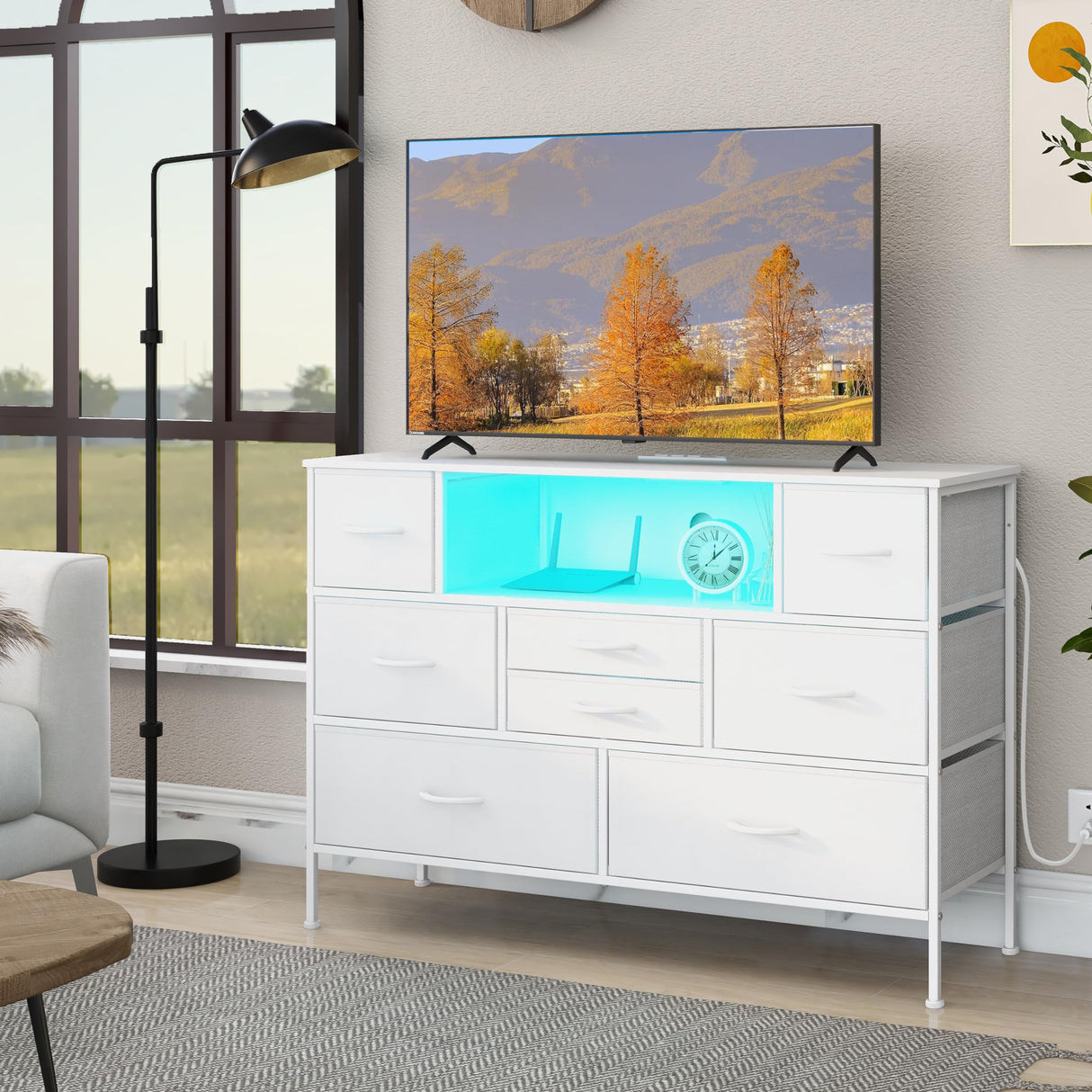 Simoretus Dresser with Charging Station and LED Light for Bedroom 8 Fabric Drawers with PU Finish Long Wide Dresser Chest of Drawers Open Shelf for Living Room TV Stand Closet Hallway (White) Simoretus