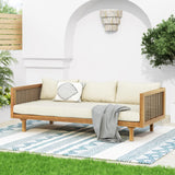 Christopher Knight Home Outdoor 3 Seater Acacia Wood Daybed with Fabric Water Resistant and Removable Cushions, Patio Garden Poolside Sofa with Wicker Armrest and Slat Paneling Back, Teak and Beige Christopher Knight Home