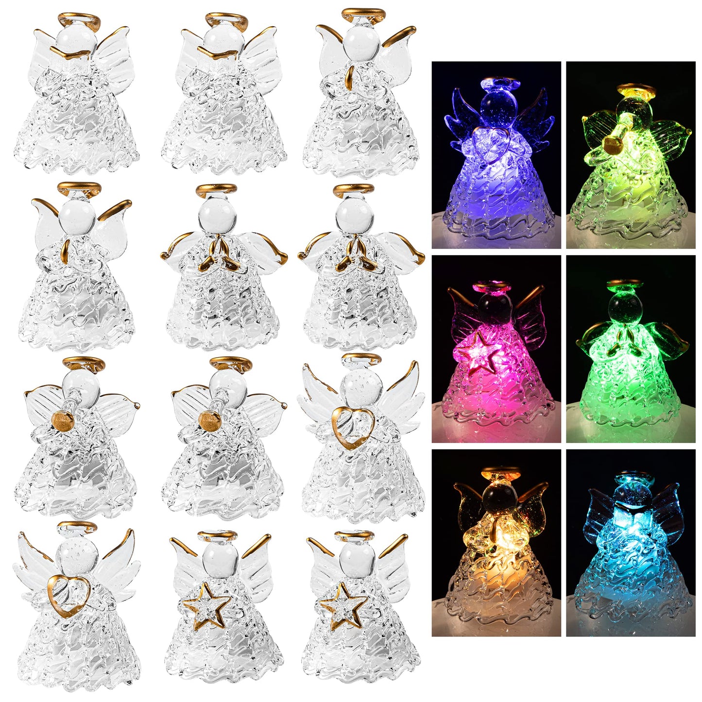 JOYIN Set of 12 Spun Angel Christmas Ornament, Clear Angel Hanging Ornaments with LED Lights for Christmas Tree Decorations, Xmas Party Favor