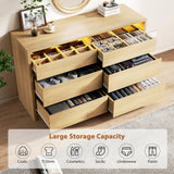 Jocoevol Modern 6 Drawer Dresser for Bedroom with LED Light, Large Chest of Drawers with Hidden Handles, Double Wooden Dresser Closet for Living Room, Entryway, Hallway - Natural Wood Jocoevol
