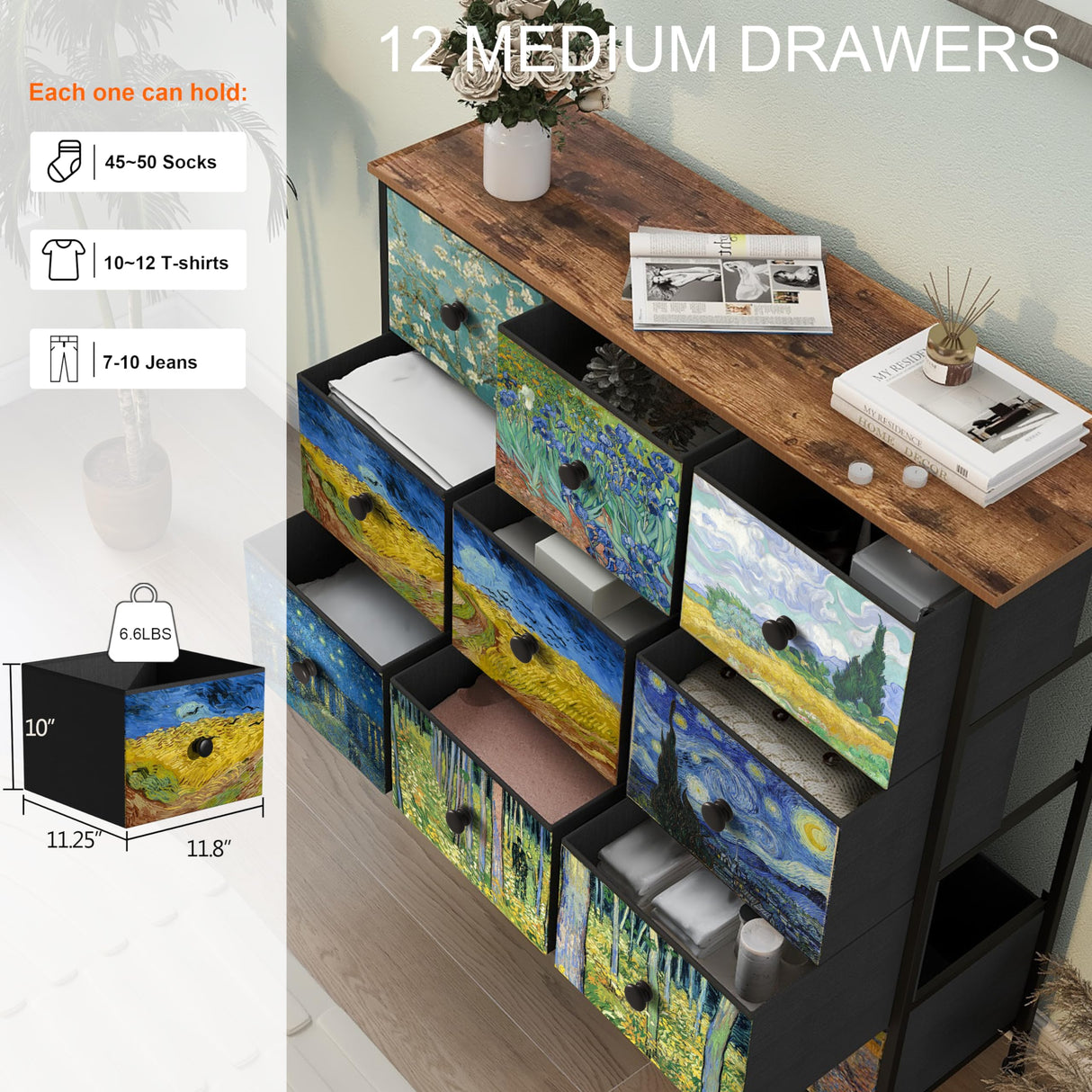 EXOTICA Dresser for Bedroom with 12 Drawers Tall Dresser & Chest of Drawers Fabric Dressers Storage Tower for Living Room Closet Hallway with Wooden Top and Metal Frame EXOTICA