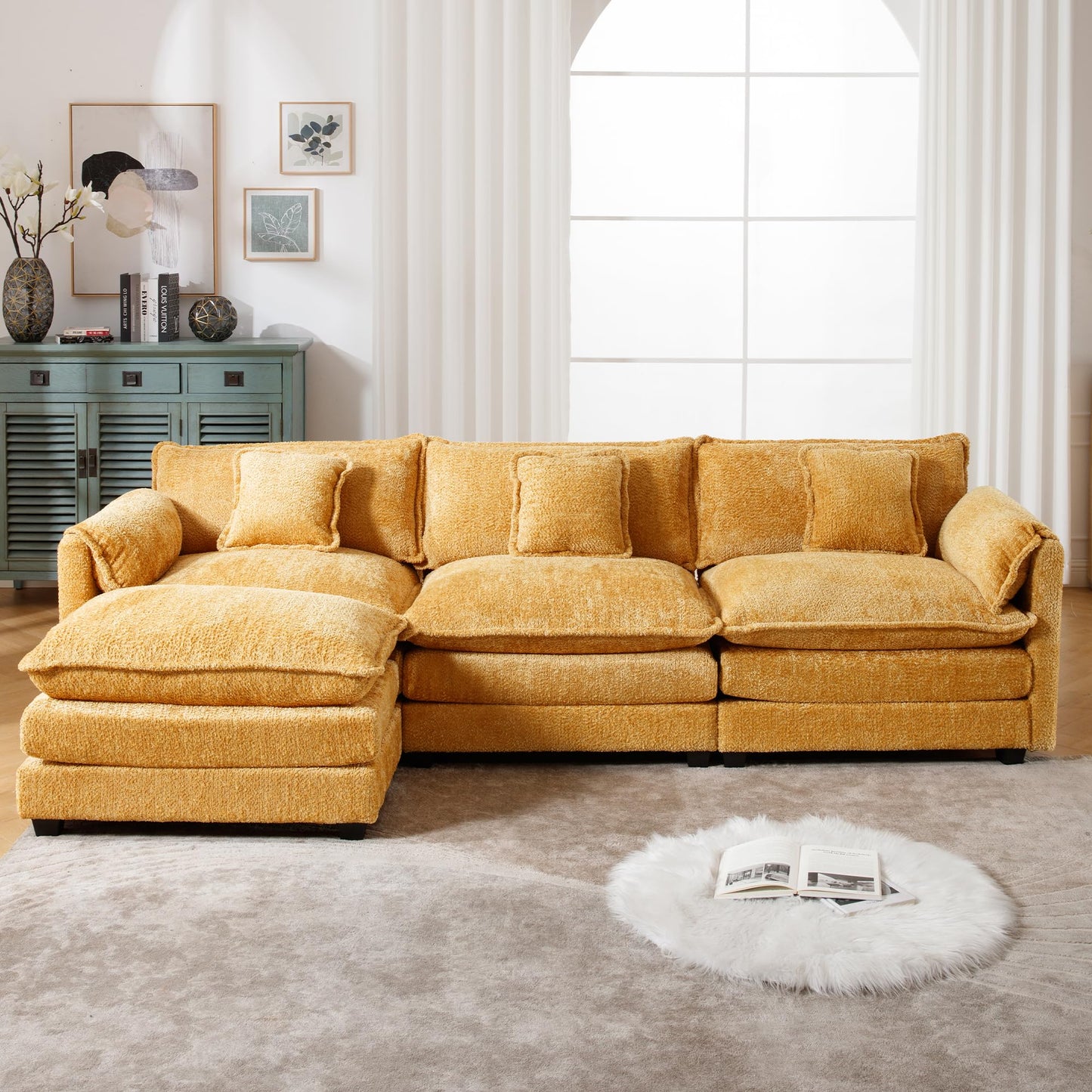 GNIXUU 112" Oversized Sectional Sofa Cloud Couch for Living Room, Modern Chenille L Shaped Couch, Comfy Boucle Modular Sofa Sleeper with Moveable Ottoman & Memory Foam(Musterd Yellow)