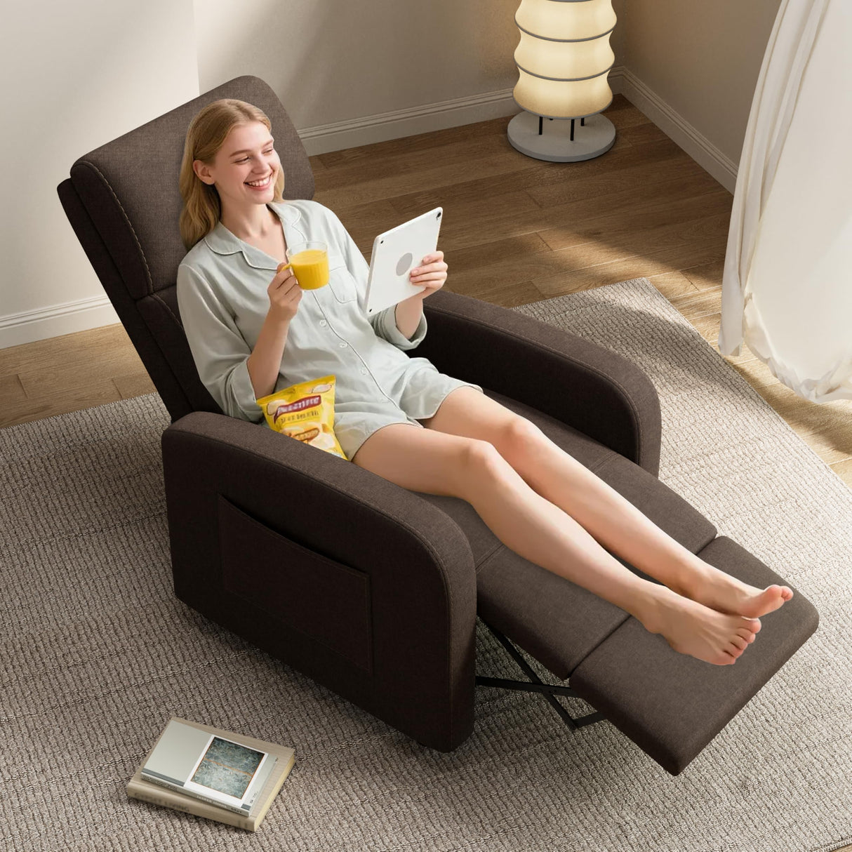 GarveeHome Linen Fabric Manual Recliner Chair, with Side Pocket, High Backrest, Thick Cushion, Adjustable Push Back Recliner, Lazy Lounge Chair for Living Room, Home Theater, Bedroom, Brown GarveeHome