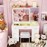 GLAUBIO Vanity Desk Set with Large LED Lighted Mirror, Makeup Table with 7 Drawers,Glass Tabletop Vanity Desk with Cabinet,Modern Vanity Table for Bedroom, White GLAUBIO