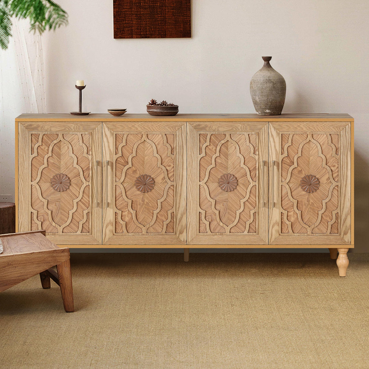 Daxue Vintage Console Table w Hand Carved Flower 63-inch Sofa Table with Storage Wood Sideboard with 2-Tier Shelves, Accent Table for Entryway Living Room Daxue