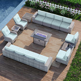 Muphyers 16-Piece Outdoor Patio Furniture Set with Rocking Swivel Chair, PE Wicker Rattan Sectional Sofa Patio Conversation Set with 55,000 BTU Fire Pit Table & Coffee Table, Light Blue Muphyers