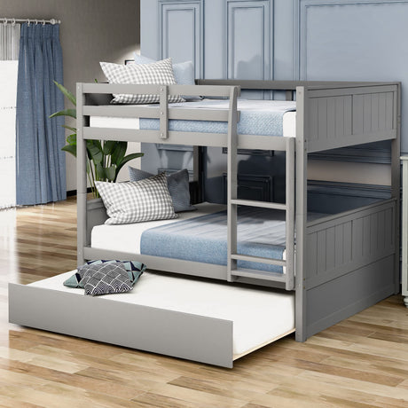 Harper & Bright Designs Full Over Full Bunk Bed with Trundle, Solid Wood Bunk Beds with Safety Guard Rail and Ladder, Can be Separated to 2 Full Size Beds, for Kids, Teens and Adults (Gray) Harper & Bright Designs