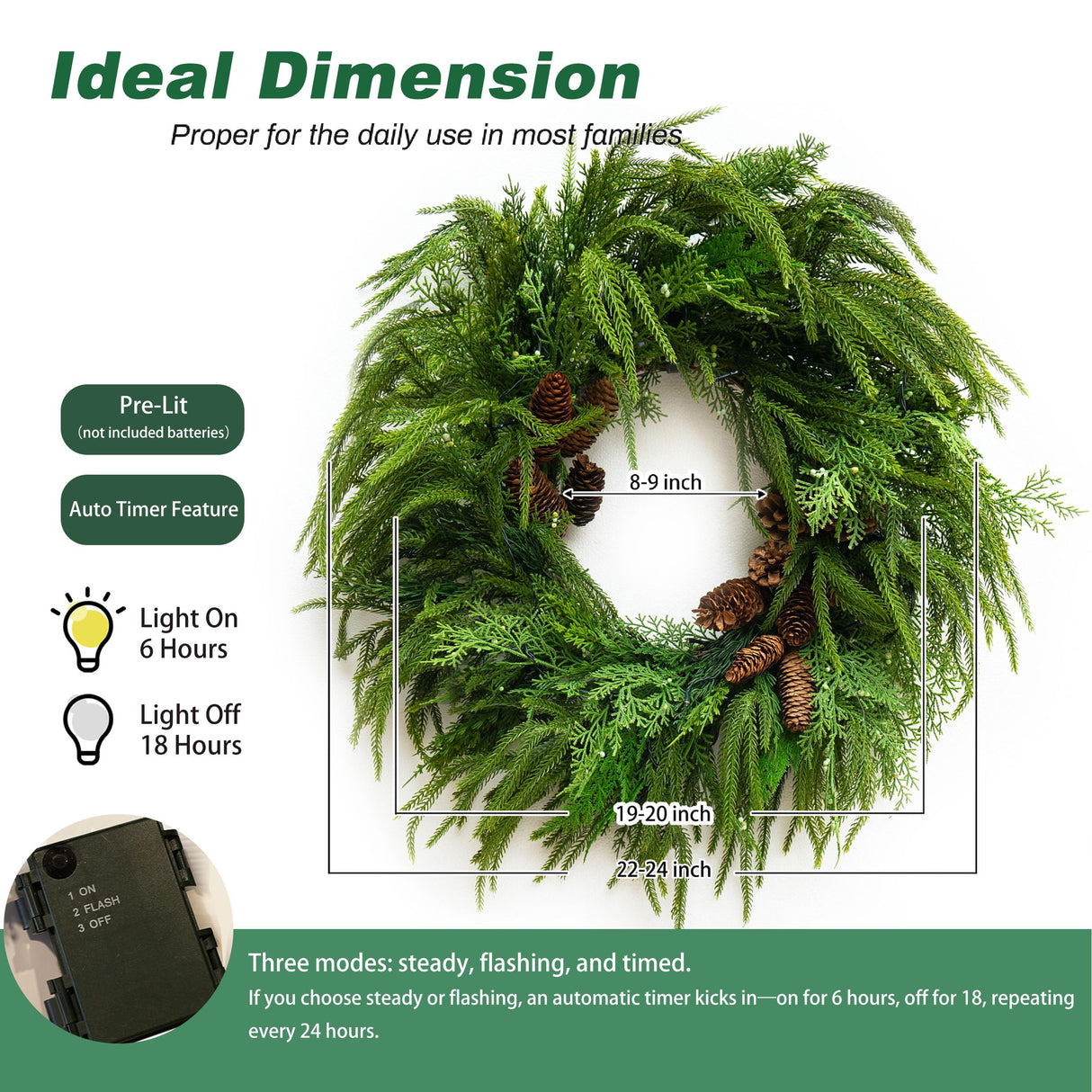 24 Inch Real Touch Norfolk Pine Wreaths for Front Door, Soomeir Artificial Christmas Wreath Green Faux Pine Wreath for Wall Windows Mantle Outdoor Christmas Decoration Soomeir