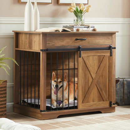 EDYO LIVING 38" Large Dog Crate Furniture with Sliding Barn Door, Wooden Dog Kennel with Drawer for Storage, Water Resistant Indoor Furniture Style Dog Crate for Small/Medium/Large Dog, Rusti - WoodArtSupply