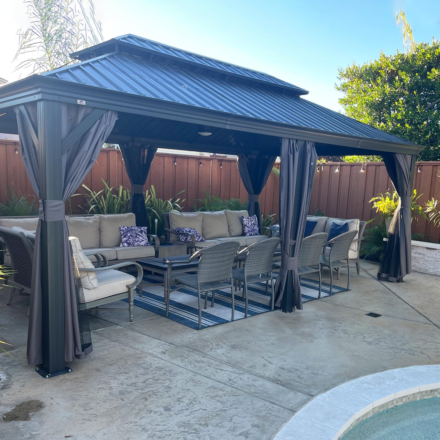 PURPLE LEAF 12' X 24' Large Gazebo with Galvanized Steel Double Roof Outdoor Patio Gazebo for Lawn and Garden Permanent Hardtop Gazebo Grey - WoodArtSupply