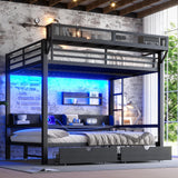 Queen over Queen Bunk Bed with Storage Drawers and Shelves, Metal Bunk Beds with USB Ports and LED Lights, Lower Bed that can be converted into a sofa for Bed Room,Guest Room,Dormitory.(Black) Harper & Bright Designs