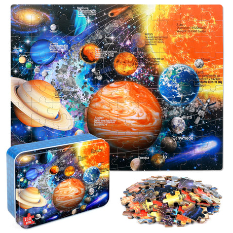 LELEMON Solar System Jigsaw Puzzles in a Metal Box 100 Pieces Space Star Jigsaw Puzzle for Kids Ages 4-8 Children Learning Educational Puzzles Toys LELEMON