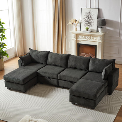 6 Seater Oversized Free Combination Convertible Modular Sectional Sofa, U / L Shaped Extra Large Corduroy Reversible Sleeper Corner Couch with Storage and Movable Ottomans for Living Room Apartment