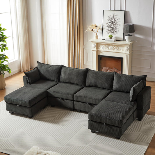 6 Seater Oversized Free Combination Convertible Modular Sectional Sofa, U / L Shaped Extra Large Corduroy Reversible Sleeper Corner Couch with Storage and Movable Ottomans for Living Room Apartment