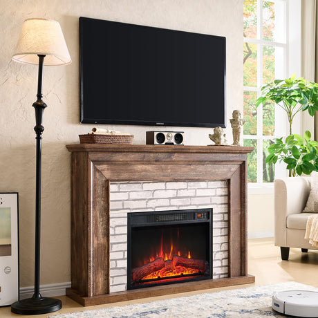 Aitjunz 45" Flip Top Electric Fireplace with Mantel, Electric Fireplace Heater, TV Stand with Freestanding Electric Fireplaces, Remote Control, Adjustable Flame Level for Living Room (Light Brown) Aitjunz