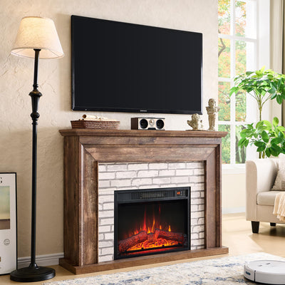 Aitjunz 45" Flip Top Electric Fireplace with Mantel, Electric Fireplace Heater, TV Stand with Freestanding Electric Fireplaces, Remote Control, Adjustable Flame Level for Living Room (Light Brown)