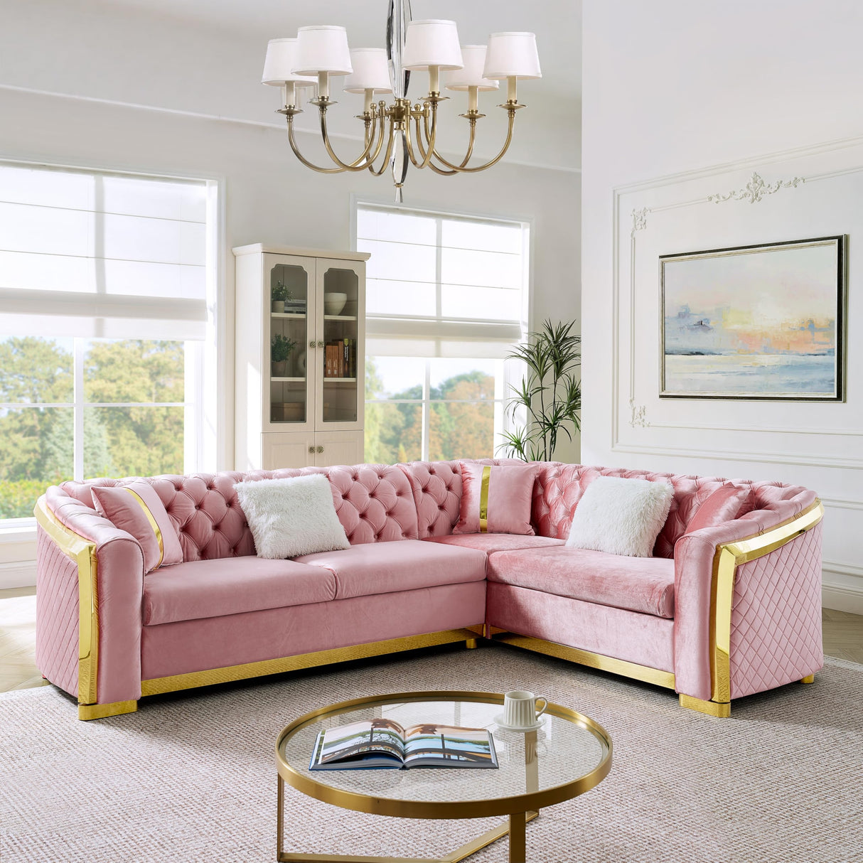KEIKI 106" L-Shaped Luxury Velvet Chesterfield Sectional Sofa with Gold Stainless Steel Accents and 5 Pillows, Mid-Century Oversized 5-Seater Button Tufted Couch, Easy Assembly, for Living Room, Pink KEIKI