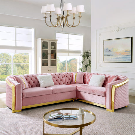 KEIKI 106" L-Shaped Luxury Velvet Chesterfield Sectional Sofa with Gold Stainless Steel Accents and 5 Pillows, Mid-Century Oversized 5-Seater Button Tufted Couch, Easy Assembly, for Living Room, Pink KEIKI