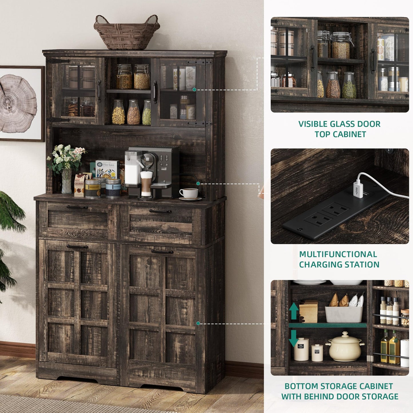 YITAHOME Kitchen Pantry Farmhouse, Tilit Out Trash Out Can Cabinet,Coffee Storage Bar Cabinet, 70" Tall Cabinet Cupboard with 2 Drawers, 2 Doors and Glass Display Case Shelf, Wheels, Rustic Dark Oak