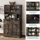 YITAHOME Kitchen Pantry Farmhouse, Tilit Out Trash Out Can Cabinet,Coffee Storage Bar Cabinet, 70" Tall Cabinet Cupboard with 2 Drawers, 2 Doors and Glass Display Case Shelf, Wheels, Rustic Dark Oak YITAHOME