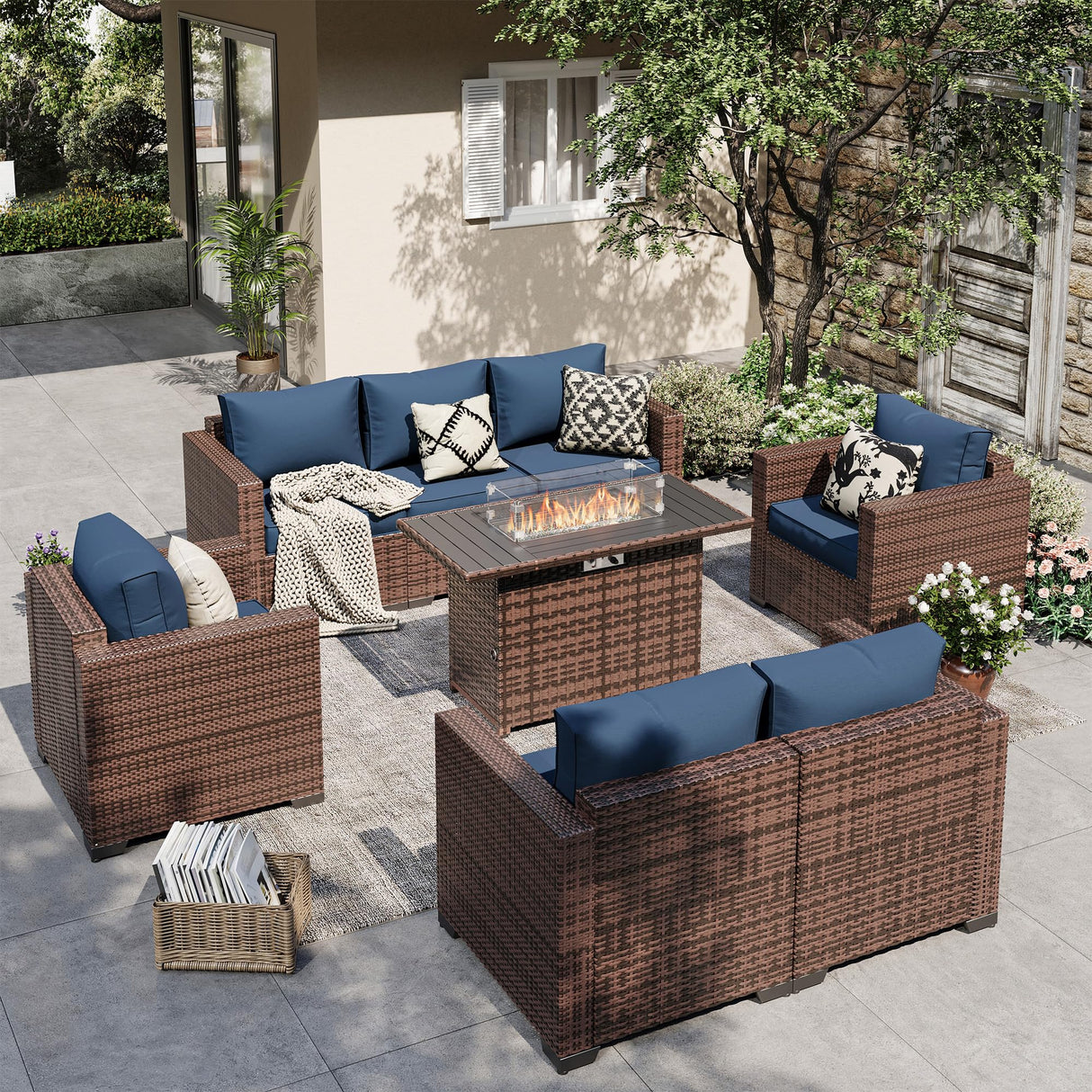 VONZOY Patio Furniture Set with Fire Pit Table, 5 Pieces Outdoor Furniture Sets, Wicker Patio Conversation Sets w/Waterproof Covers for Backyard, Porch, Balcony, Poolside(Navy Blue) VONZOY